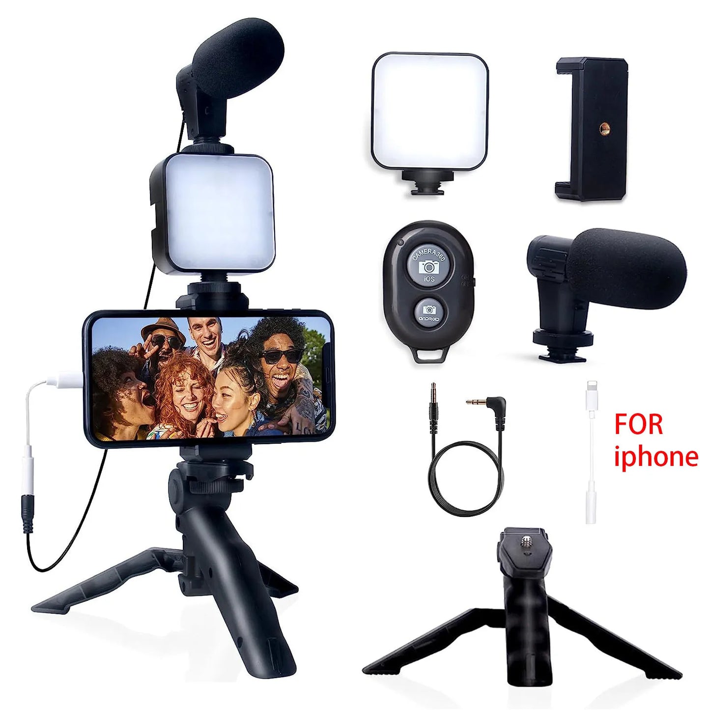 Kit Vlogging Completo per iPhone e Android – Treppiede, Luce LED e Microfono per YouTube, TikTok e Live Streaming