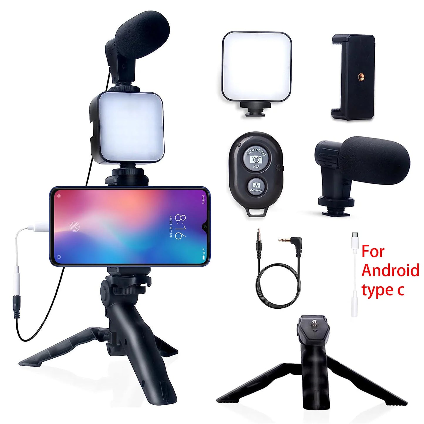 Kit Vlogging Completo per iPhone e Android – Treppiede, Luce LED e Microfono per YouTube, TikTok e Live Streaming