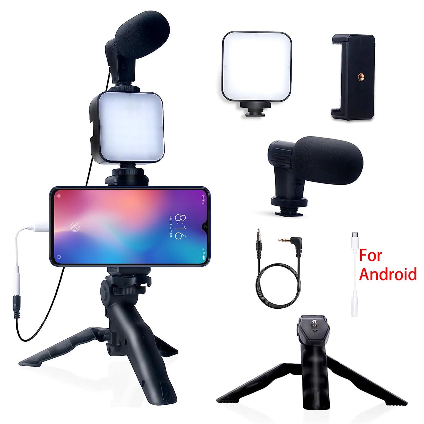 Kit Vlogging Completo per iPhone e Android – Treppiede, Luce LED e Microfono per YouTube, TikTok e Live Streaming