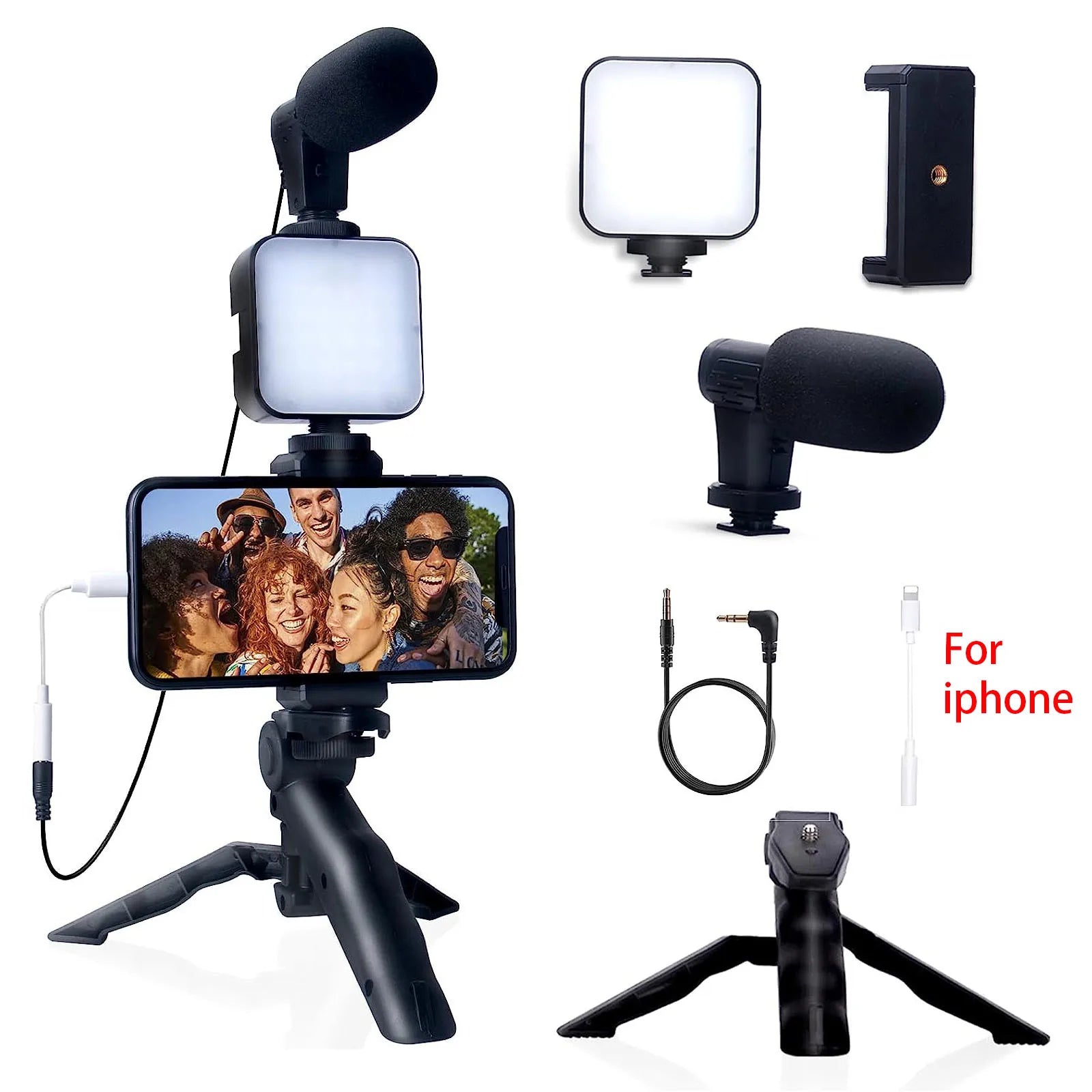 Kit Vlogging Completo per iPhone e Android – Treppiede, Luce LED e Microfono per YouTube, TikTok e Live Streaming