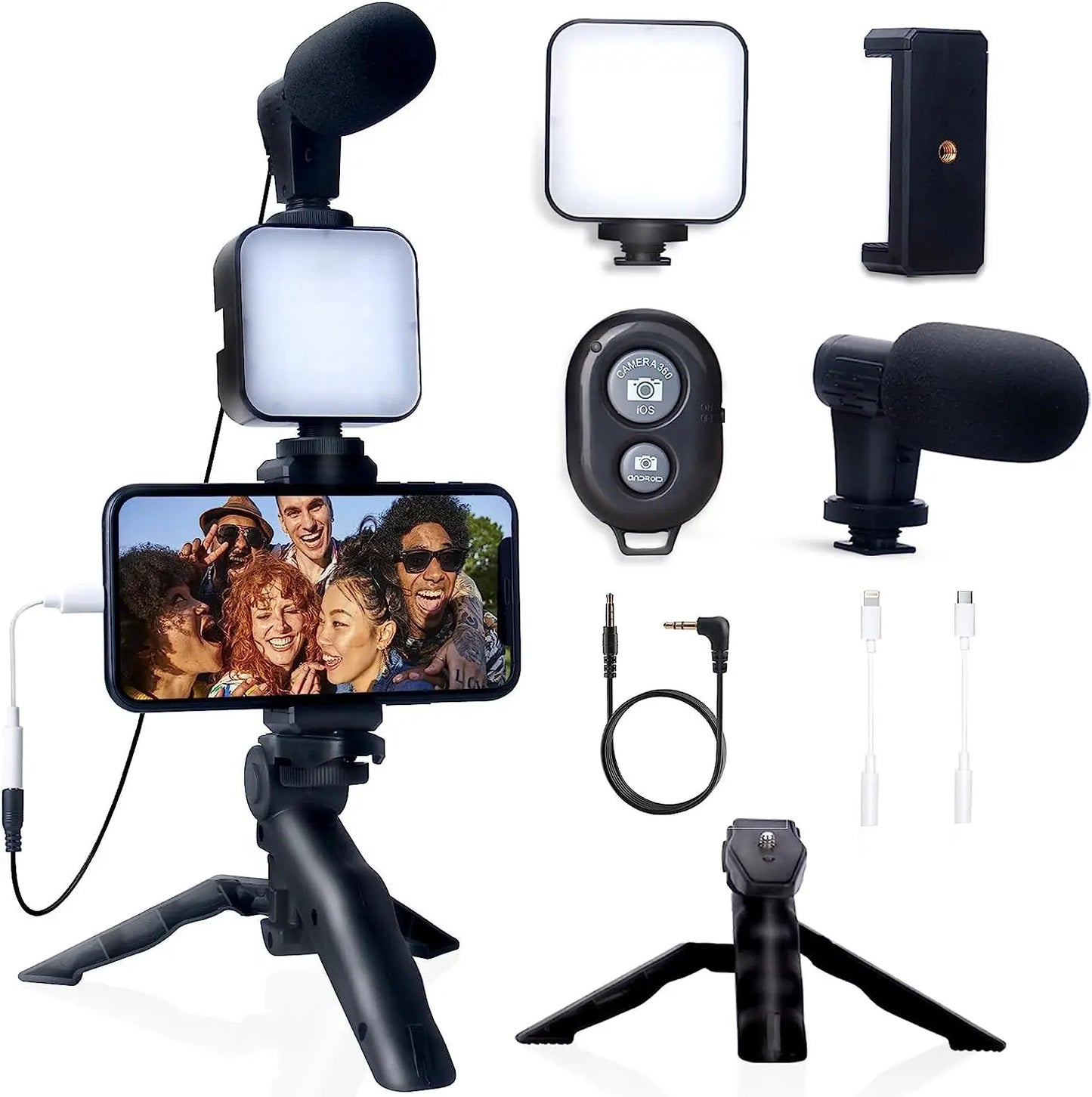 Kit Vlogging Completo per iPhone e Android – Treppiede, Luce LED e Microfono per YouTube, TikTok e Live Streaming